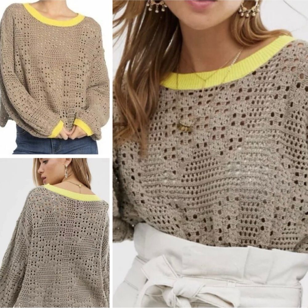 Free People Home Run Crop Knit Sweater Loose Open Weave Crochet Brown Medium